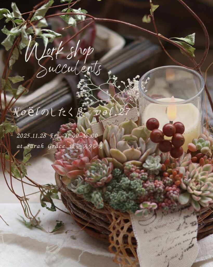 多肉ワークショップをします。 手作りのかごとキャンドルで多肉寄せ植えをします。 企画展にて。 ↓ Noelのしたく展 vol27 サラグレース横浜スタジオにて。　2025.11.28